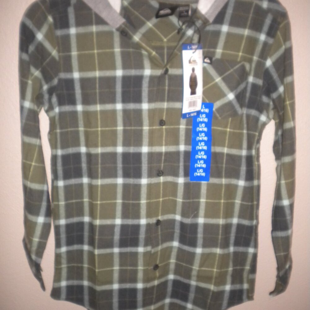 Quiksilver Boys Size Large 14/16 Green Four Leaf Hooded Flannel Shirt SHacket